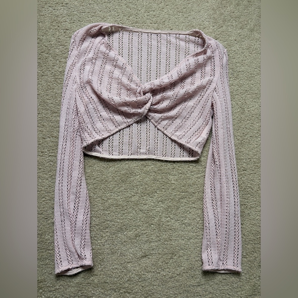 Dusty Pink Knit Twist Front Crop Long Sleeve Top Coquette Balletcore Soft Girl - Picture 3 of 6